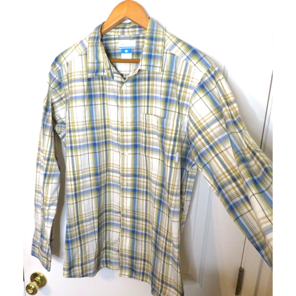 Columbia Men's Long Sleeve Plaid Nylon Button Shirt White Blue Green - Size M - Picture 6 of 12